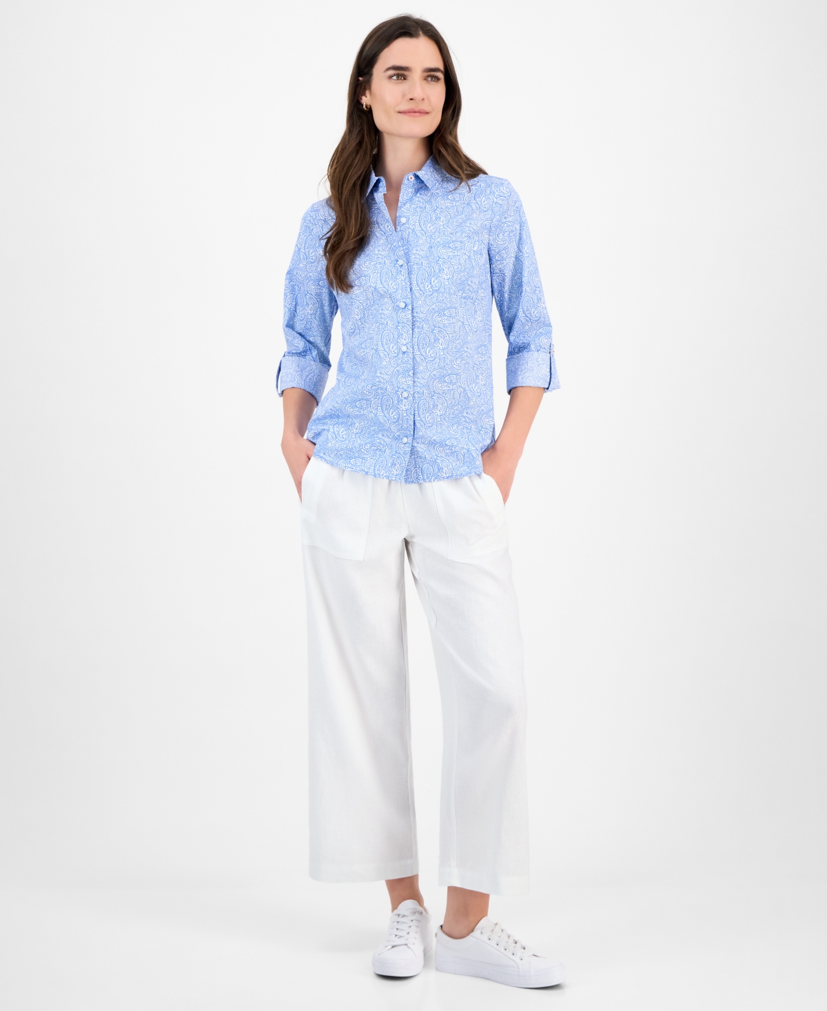 Nautica Jeans Women's Cotton Garden Paisley Roll-Tab Shirt