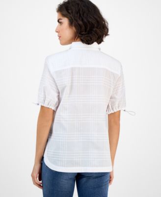 Women's Windowpane Bungee-Sleeve Camp Shirt