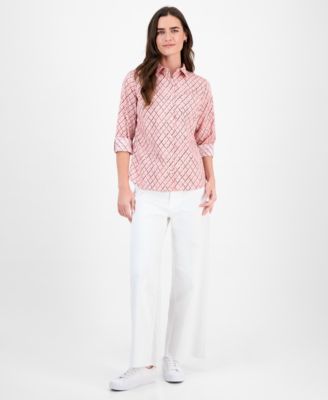 Women's Cotton Argyle Dot Roll-Tab Shirt