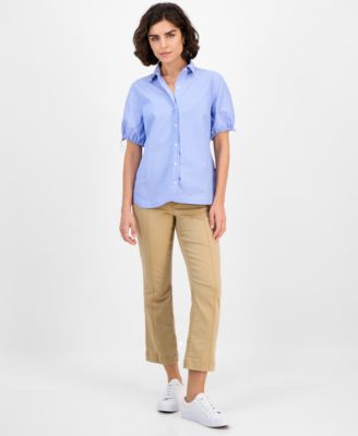 Women's Striped Bungee-Sleeve Camp Shirt