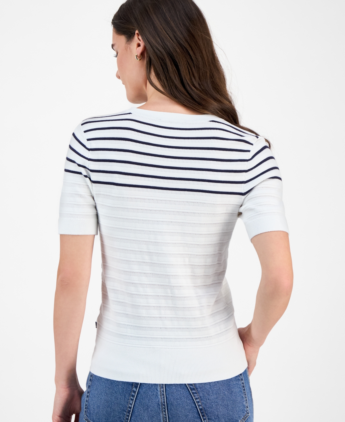 Nautica Jeans Women's Short-Sleeve Striped Crewneck Sweater
