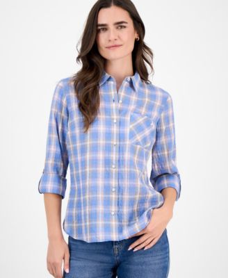 Nautica Jeans - Women's Cotton Crinkle Plaid Roll-Tab Shirt