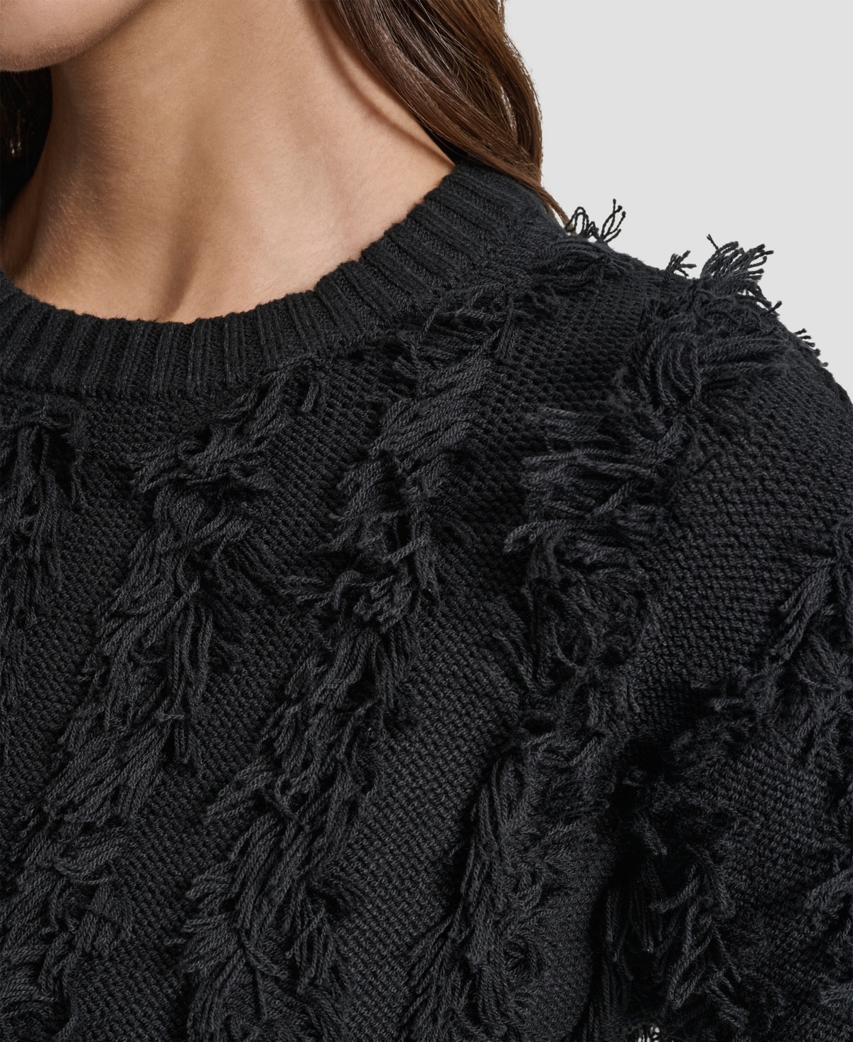 Dkny Jeans Petite Fringe Crewneck Sweater In Black
