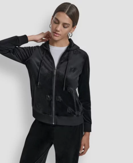 Petite Logo Detail Velour Zip-Up Hoodie - Black