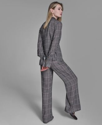 Women's Plaid Long Sleeve Tie Neck Top