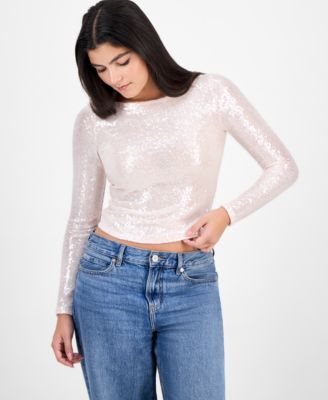 Madden Girl - Juniors' Sequined Long-Sleeve Cropped Top