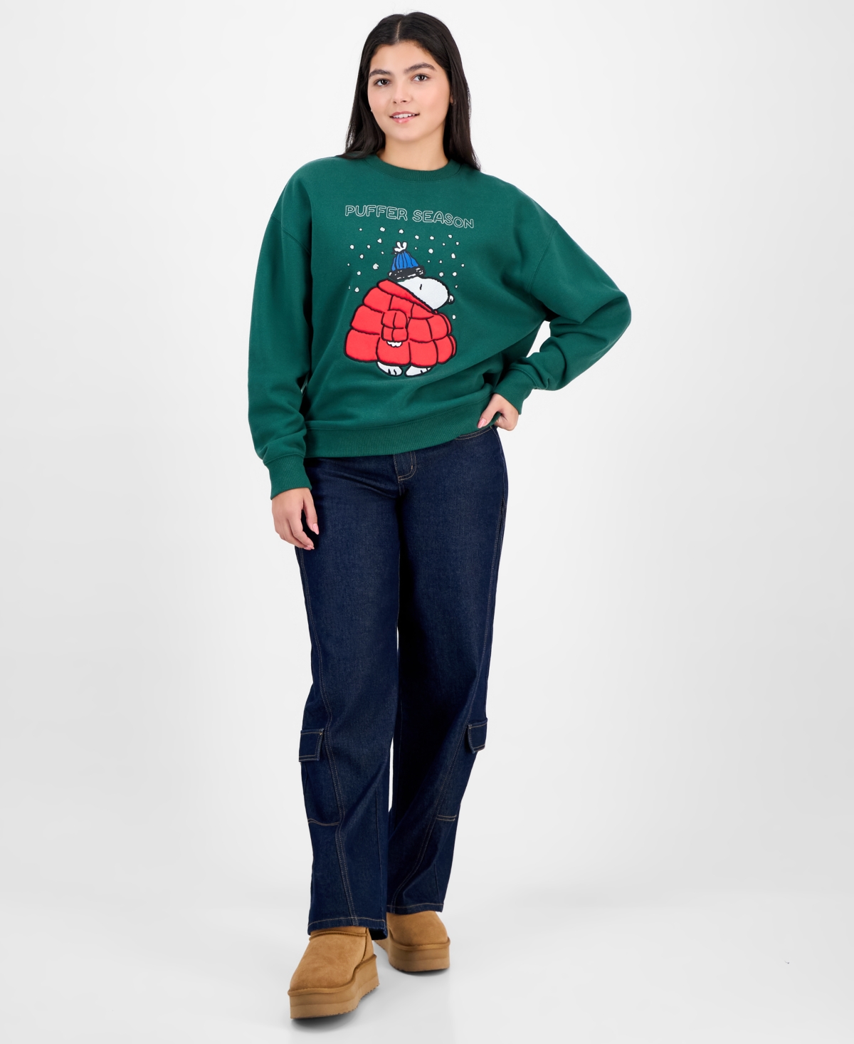 Peanuts Juniors' Snoopy 3d Puffer Fleece Sweatshirt In Green