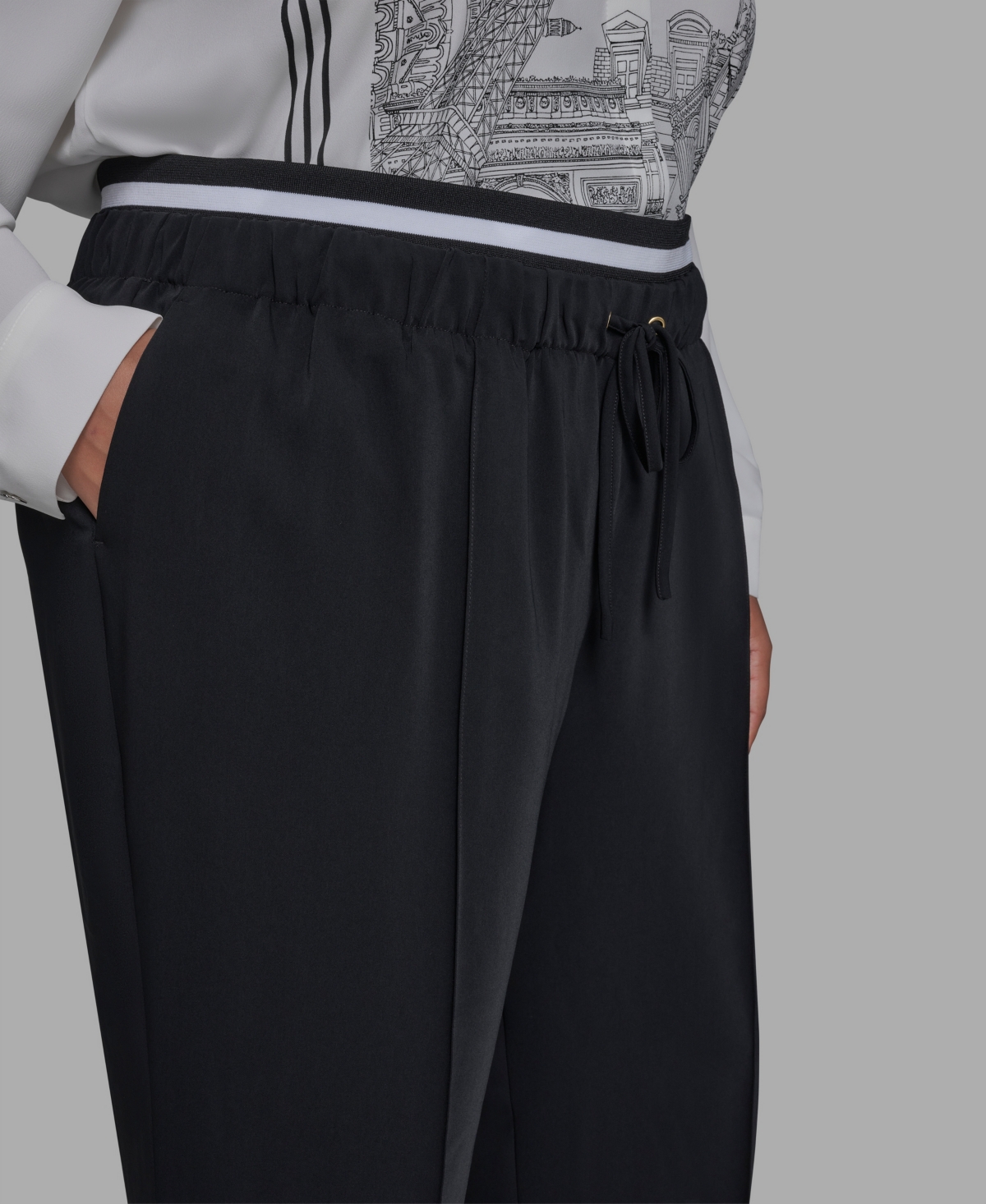 Karl Lagerfeld Plus Size Double Waistband Long Casual Pants In Black