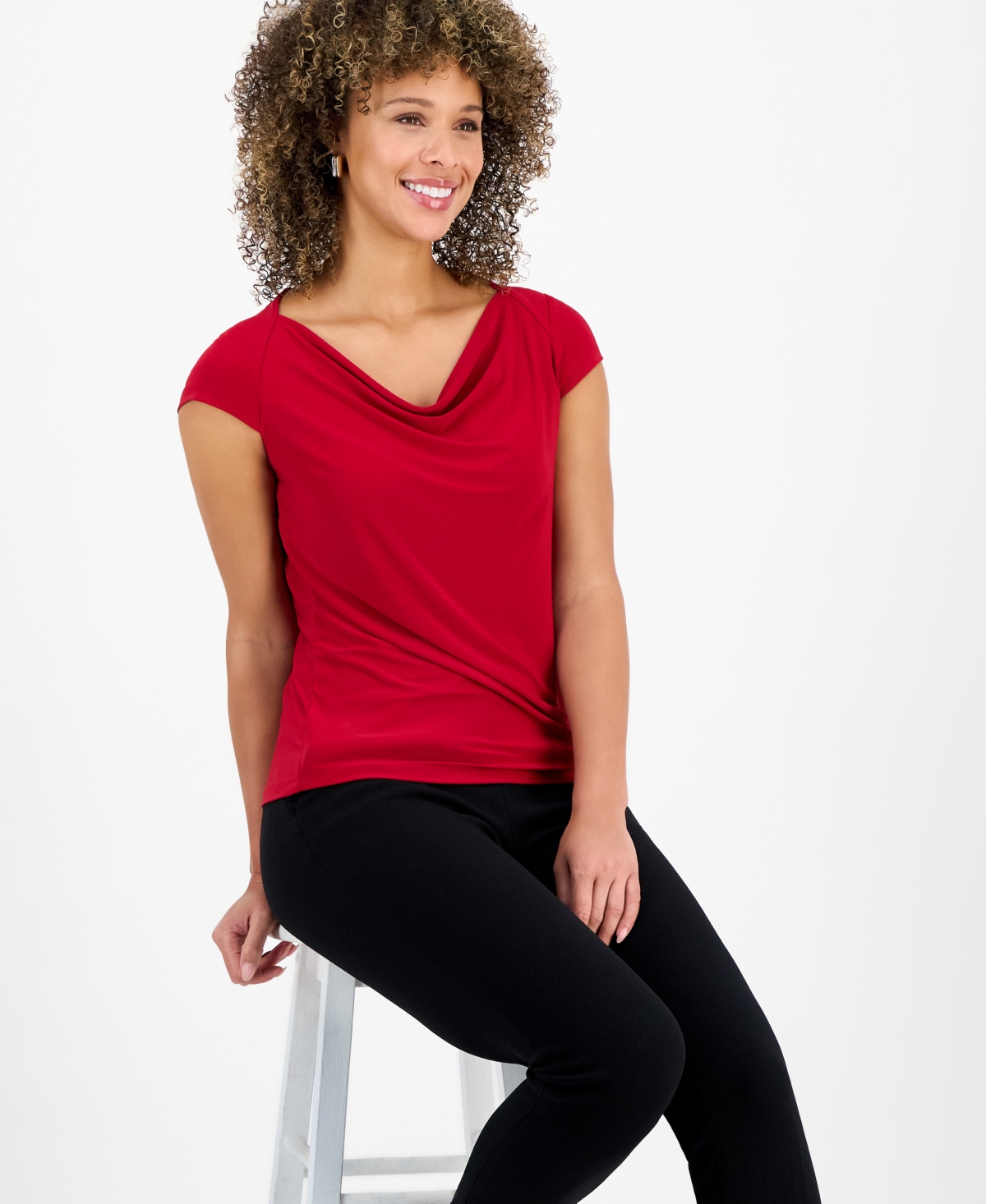 Kasper Petite Cowlneck Cap-sleeve Top In Red