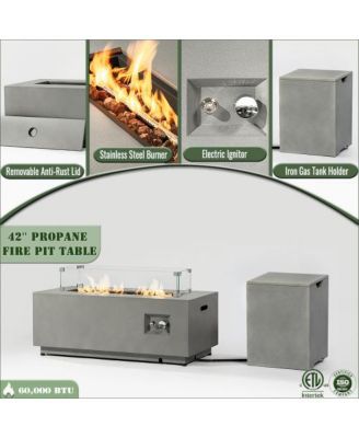 42 Inch Rectangular Propane Fire Pit Table with Glass Wind Guard and 50000 BTU Burner