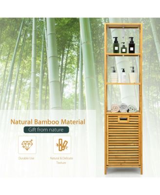 Bathroom Tilt-out Laundry Hamper Bamboo Tower Hamper w/3-Tier Shelves