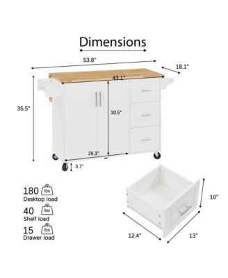 53.8" Rolling Kitchen Island with Drop Leaf, Storage Cabinet, 3 Drawers & Wood Top, Mobile Kitchen Cart on Wheels