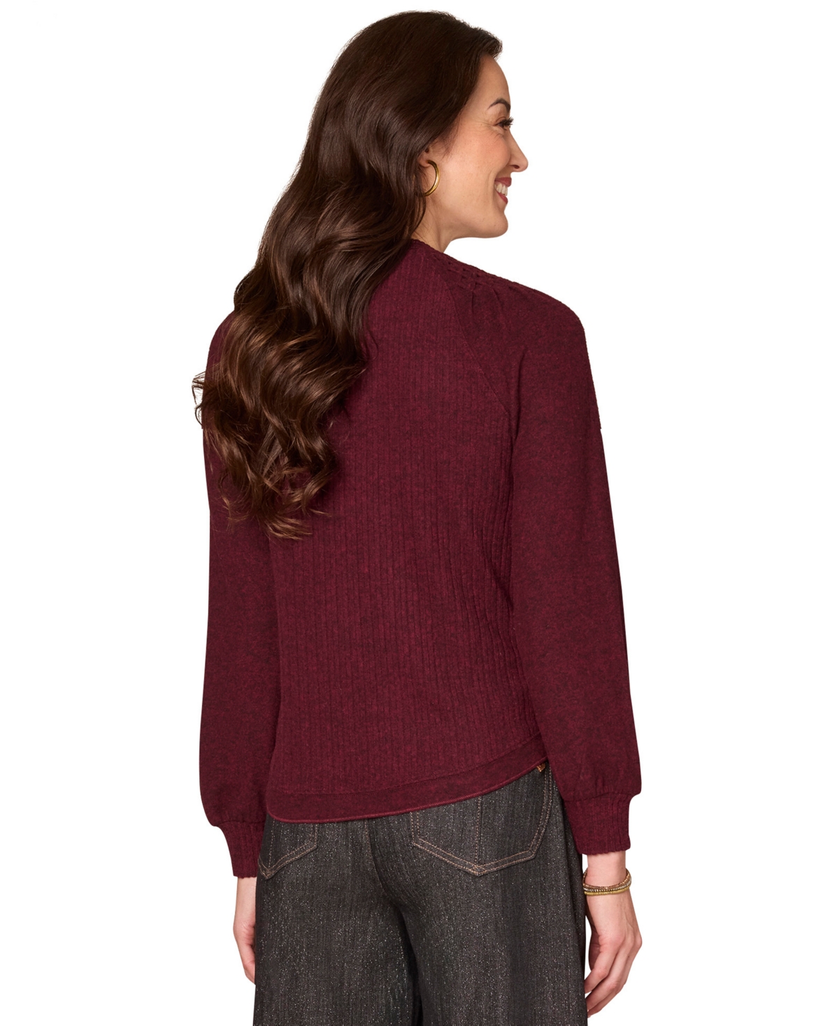 Democracy Women's Long Smocked Sleeve Top In Burgundy