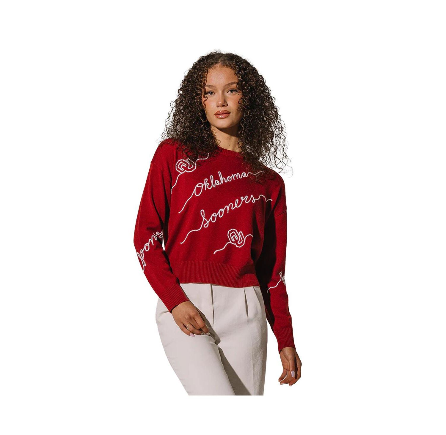 Women's Crimson Oklahoma Sooners Love Note Embroidered Pullover Sweater