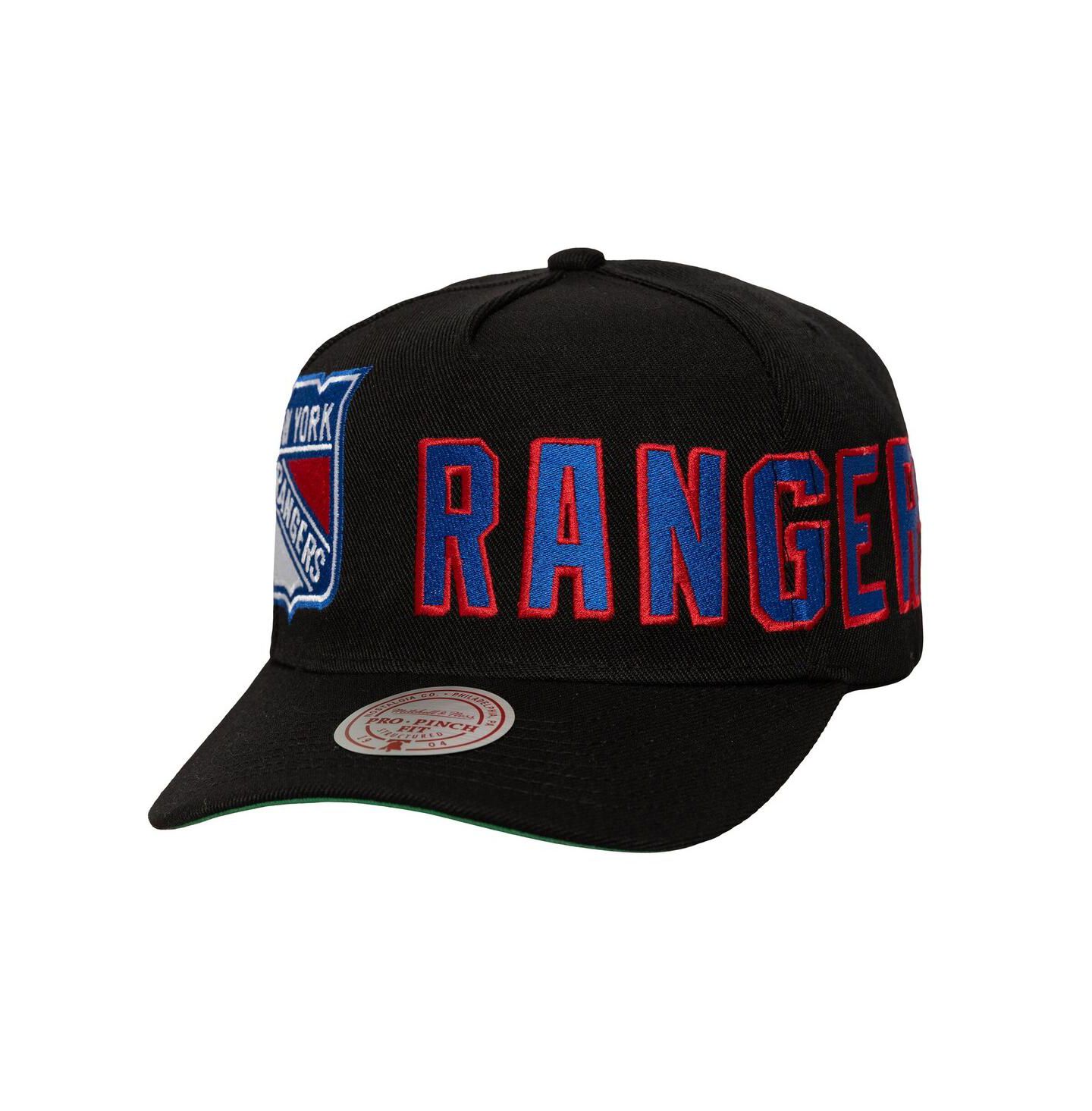Мужская кепка Mitchell & Ness Black New York Rangers Busted Logo Wordmark Wrap-Around Pro Pinch Adjustable Hat — фото 1