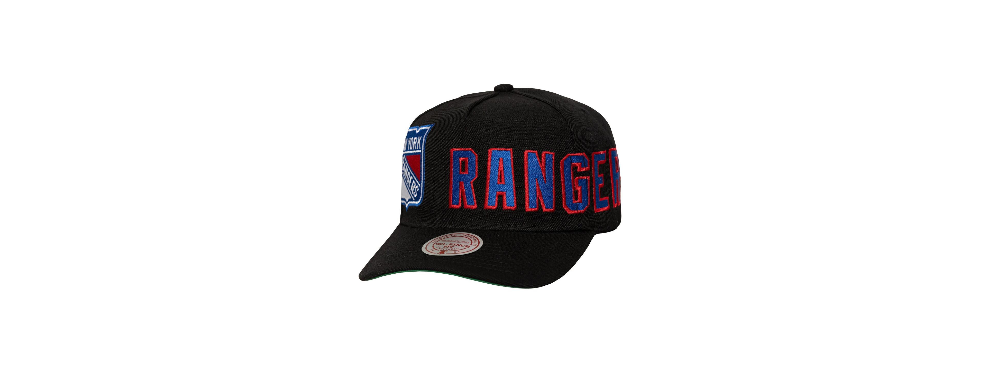 Mitchell & Ness Men's Black New York Rangers Busted Logo Wordmark Wrap-Around Pro Pinch Adjustable Hat