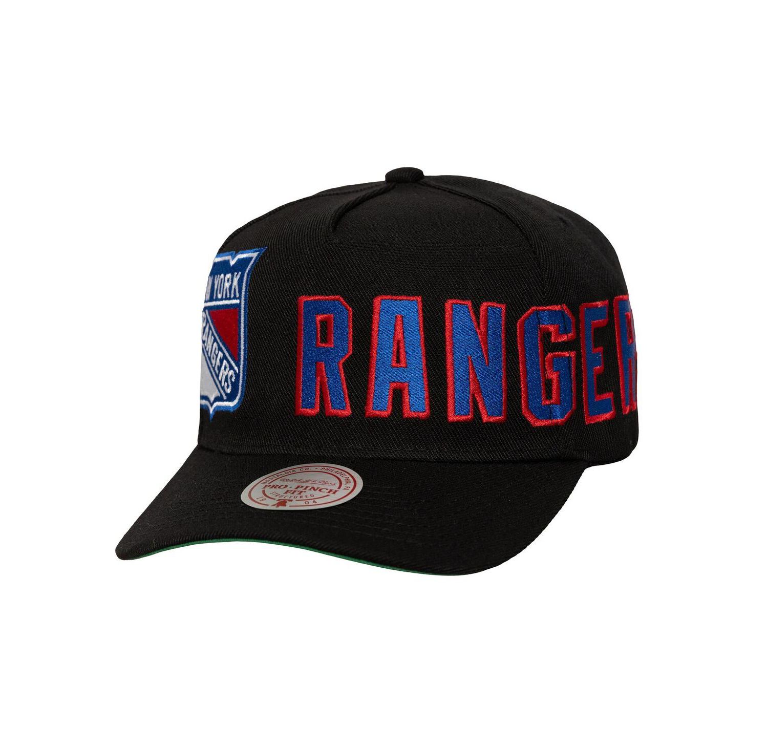 Men's Black New York Rangers Busted Logo Wordmark Wrap-Around Pro Pinch Adjustable Hat