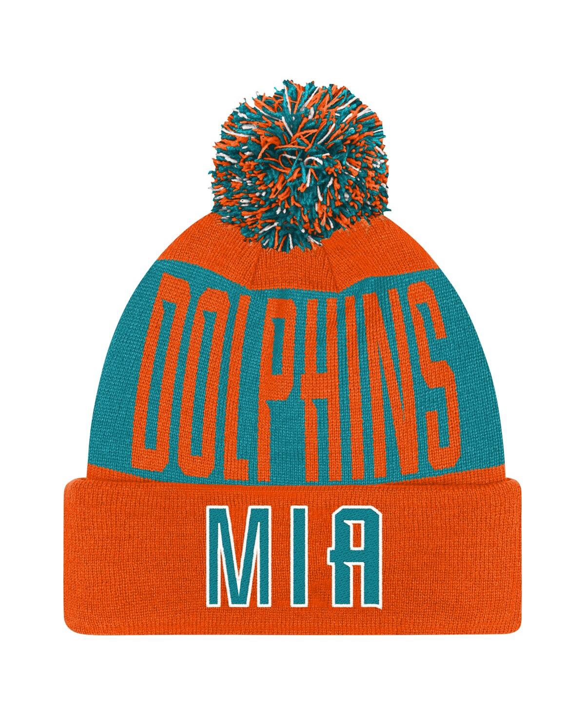 Outerstuff Big Boys And Girls Aqua/orange Miami Dolphins Bevel Cuffed With Pom Knit Hat In Multi