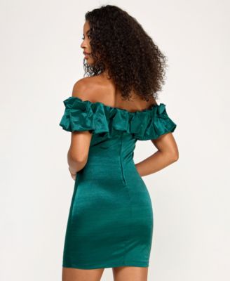 Juniors' Ruffled-Off-The-Shoulder Bodycon Shimmer Dress