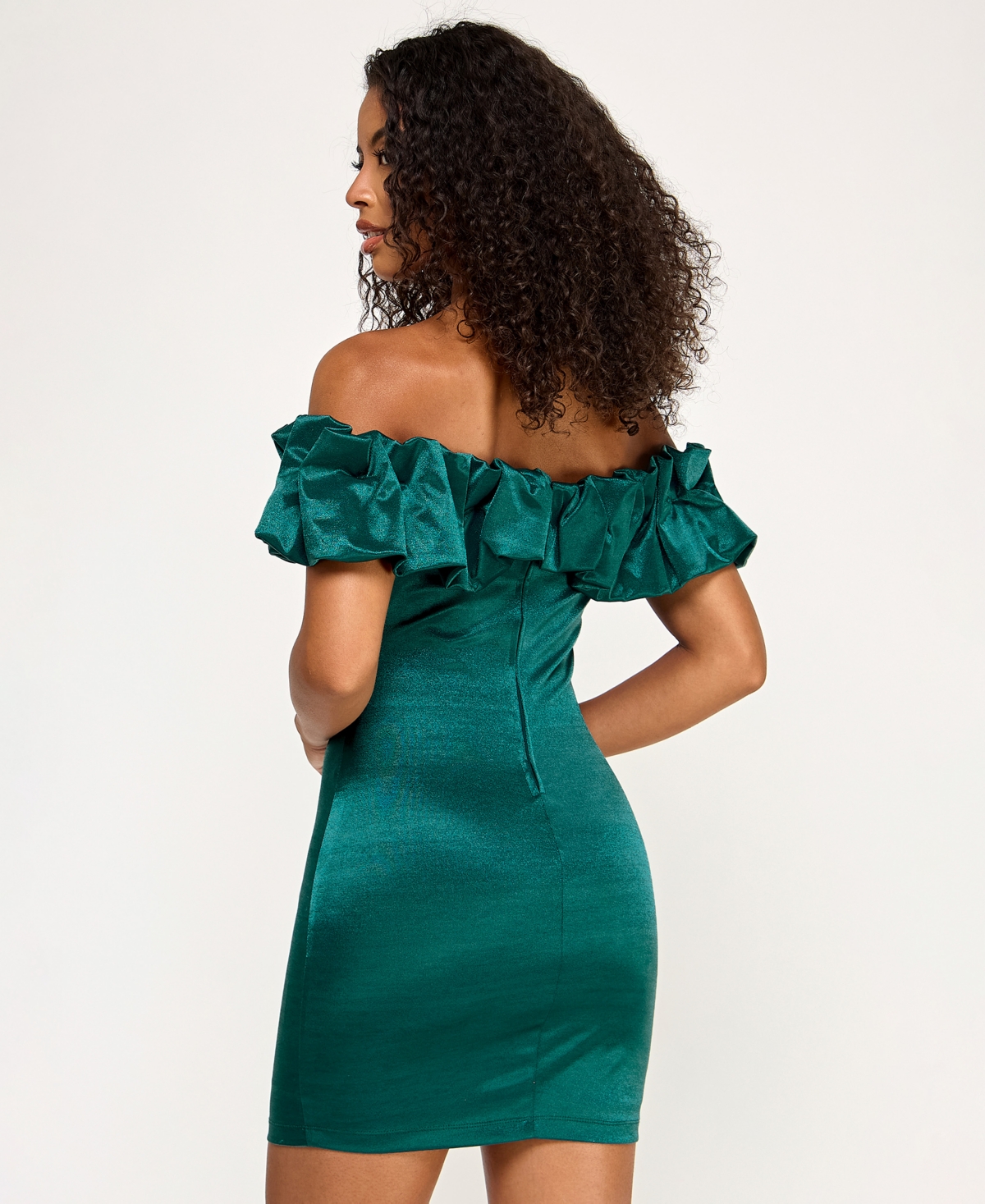 City Studios Juniors' Ruffled-off-the-shoulder Bodycon Shimmer Dress In Green