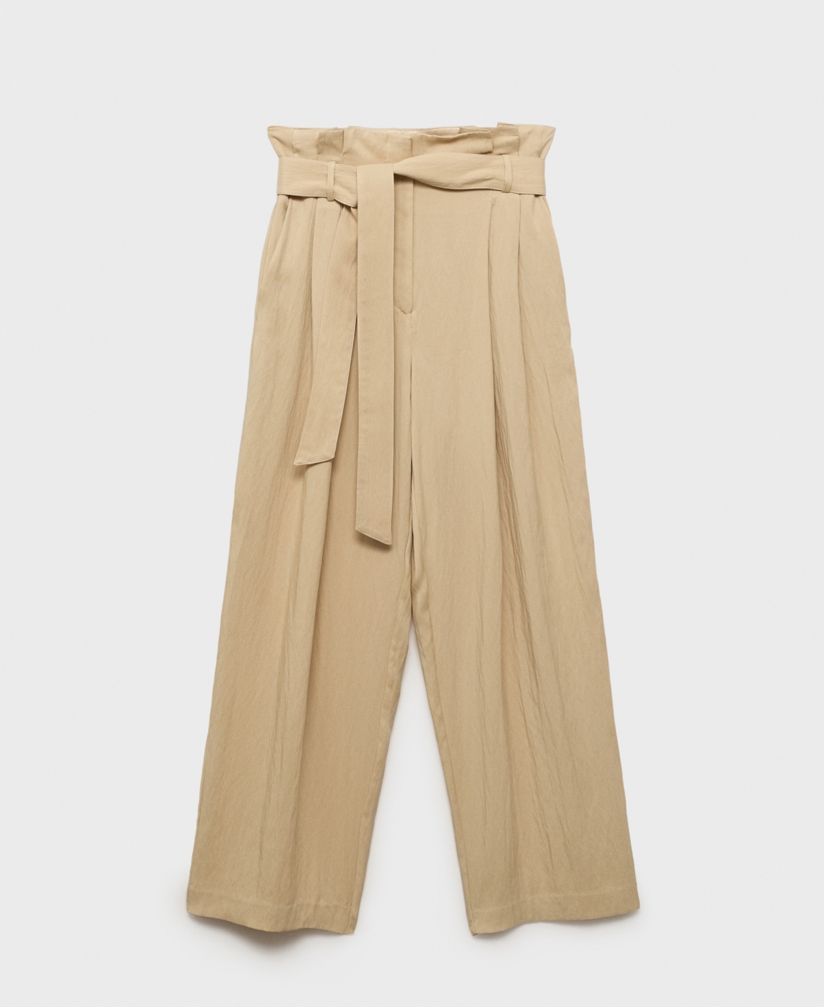 Mango Belted Paperbag Waist Wide Leg Trousers In Nude