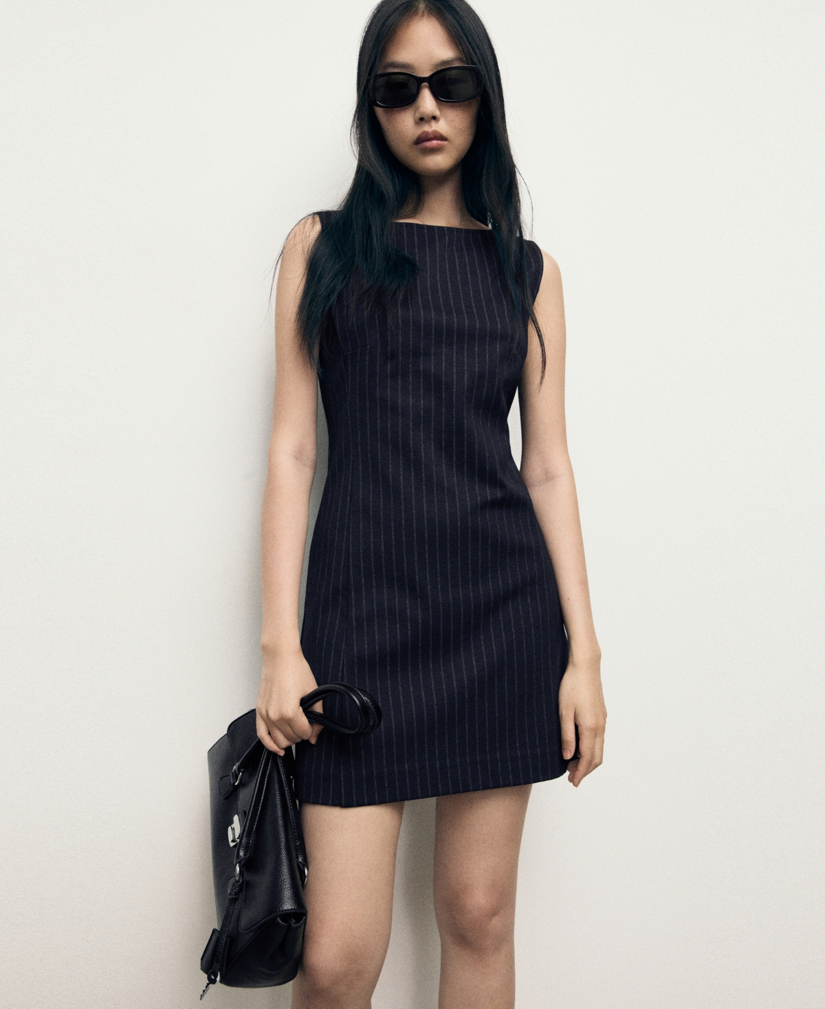 Mango Pinstripe Sleeveless Dress In Black