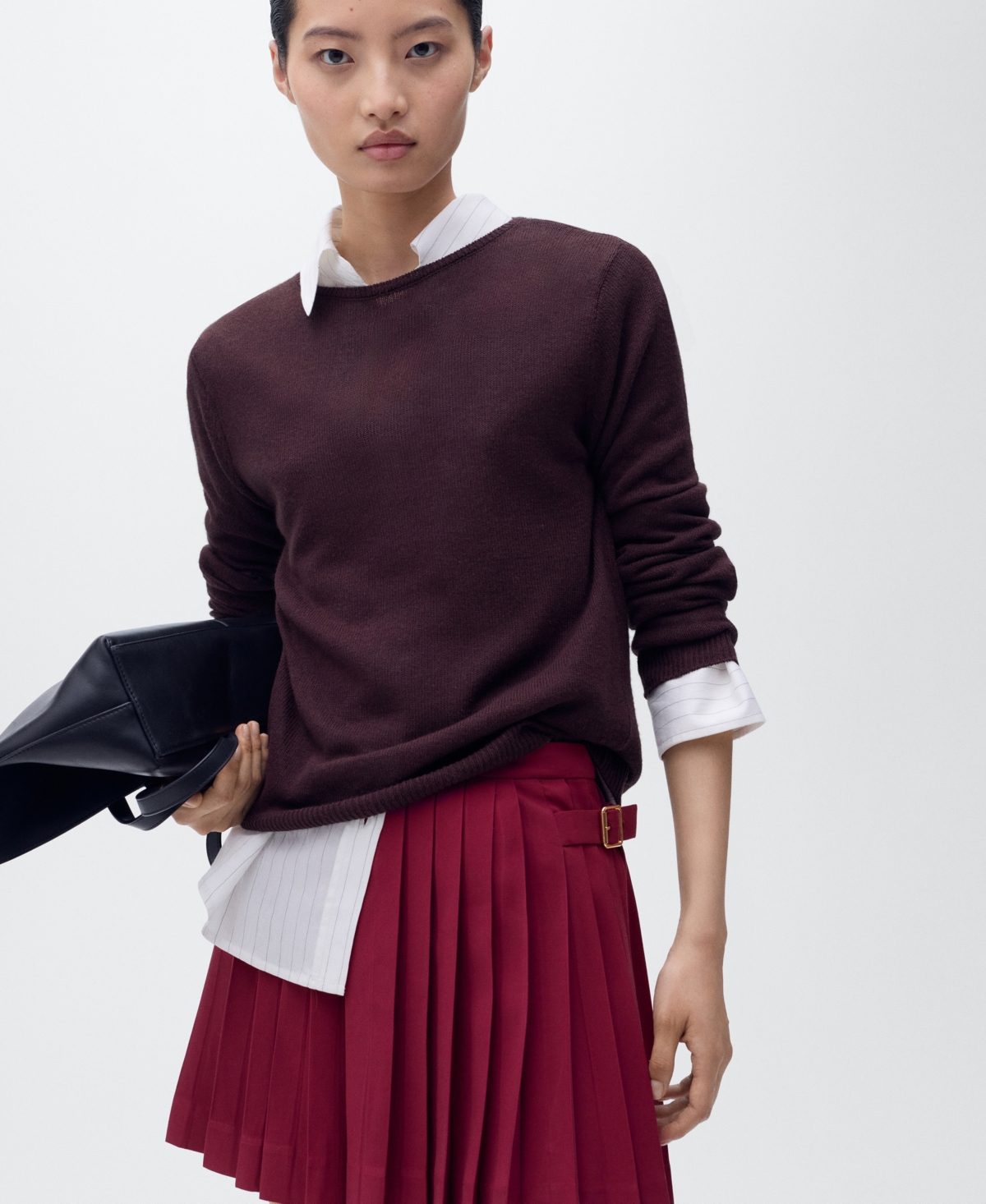 Mango Buckle Pleated Skirt In Burgundy