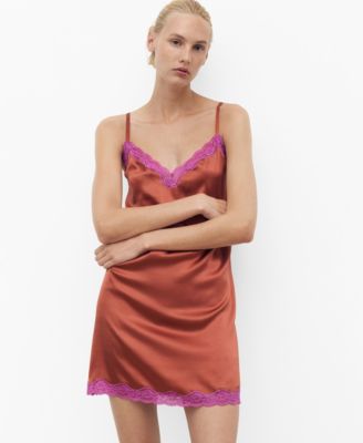 MANGO - Women's Contrasting Color Lace Silk Nightdress