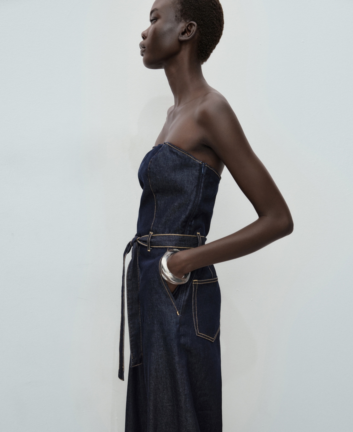 Mango Bandeau Belted Denim Jumpsuit In Blue