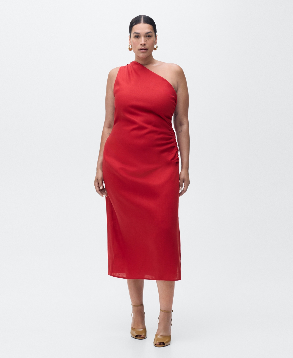 Mango Lyocell Dress With Asymmetrical Neckline Red In Red