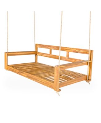 81 Inch Acacia Wood Twin Size Porch Swing Daybed with Hemp Ropes