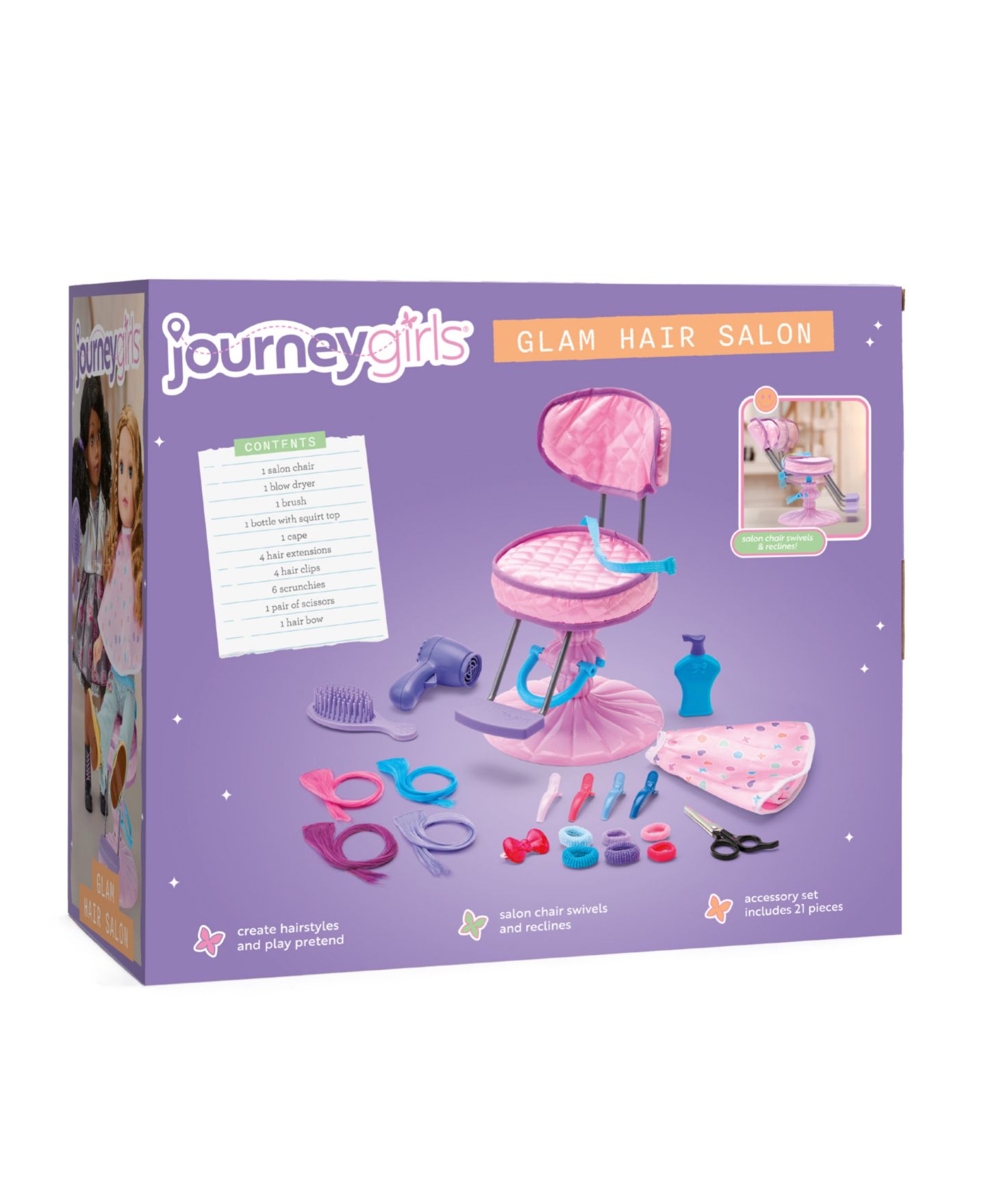 Детские куклы Journey Girls Glam Hair Salon Swiveling Chair 21-Piece Accessory Set, Ages 5+ — фото 6