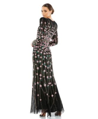 Women's Floral Embellished Mesh Gown with High Neck & Sheer Long Sleeves