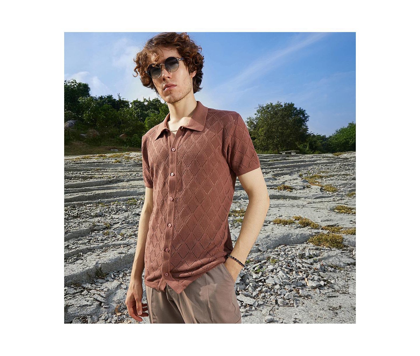 Мужская рубашка Cahoot Campus Sutra Rhombus-Knit Slim-Fit, цвет: Коричневый — фото 2