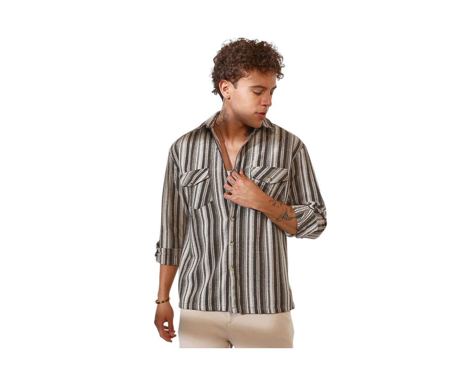 Men's Taupe Brown & Sepia Brown Multitrack Striped Oversized Shirt