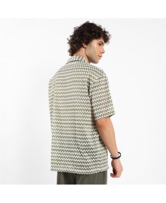 Men's Olive Green & Powder White Chevron-Striped Oversized Shirt