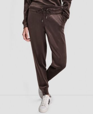 DKNY - Women's Platinum Velour Rhinestone Logo Slim Fit Joggers