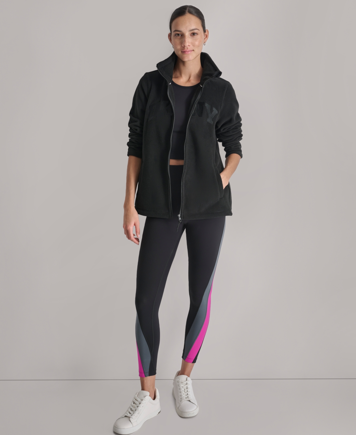 Dkny Women's Full-zip Varsity Logo Top In Black