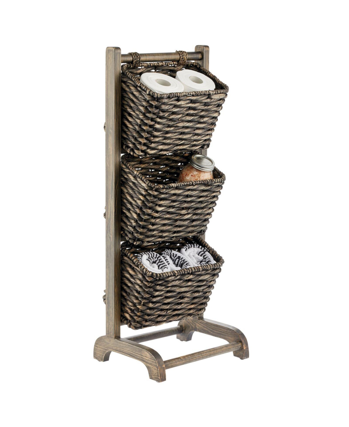 mDesign Water Hyacinth 3-Tiered Storage Baskets Floor Stand - Black/Black Wash