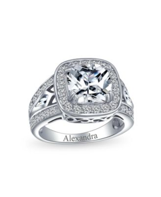 Art Deco Style 3CTW CZ Halo Cushion Cut Solitaire Promise Ring Sterling Silver Split Pave Cubic Zirconia Side Stone Filigree Band