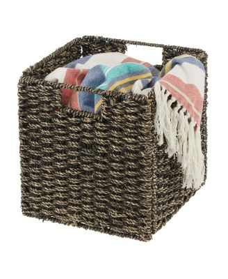 Seagrass Woven Cube Bin Basket Organizer, Handles, 4 Pack, Black Wash