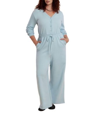 Elements Women's Plus Size Button Up Long Sleeve Jumpsuit
