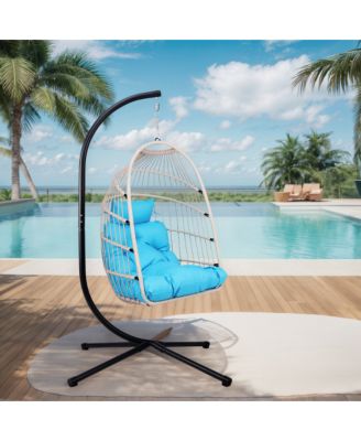 Blue Wicker Egg Hanging Chair with Stand and 350 lb Capacity