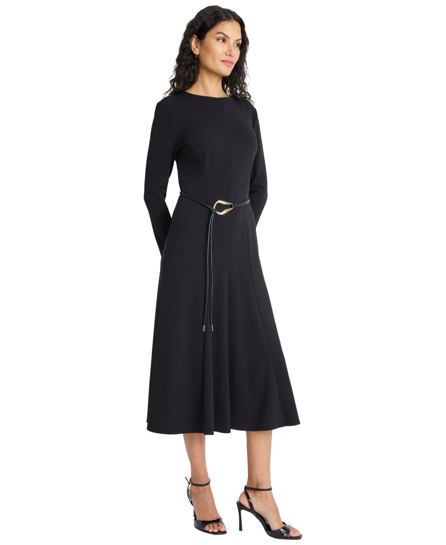 Женское платье Maggy London Tie Belt Long Sleeve Midi, цвет: Чёрный — фото 2