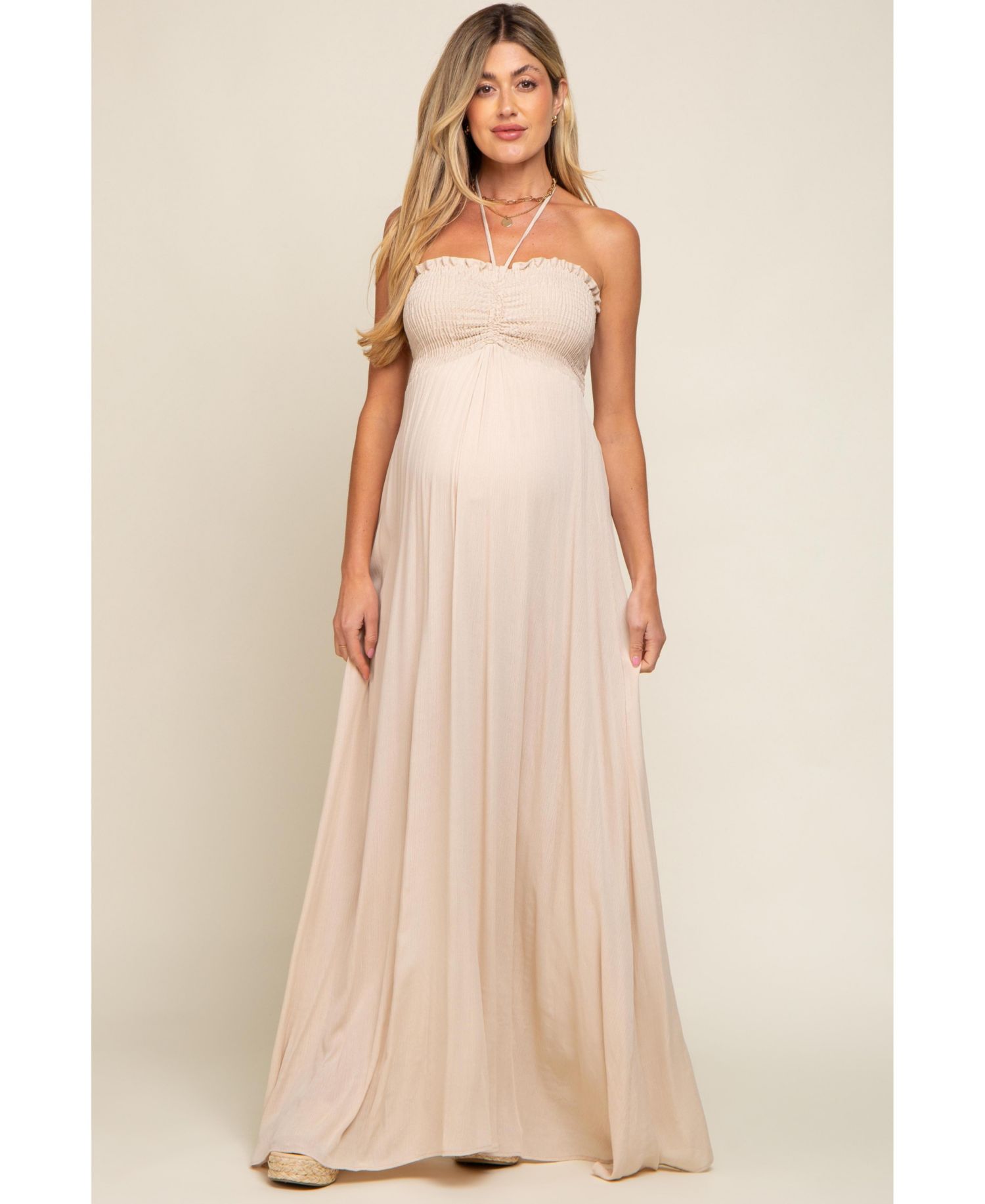 Women's Beige Smocked Halter Maxi Dress