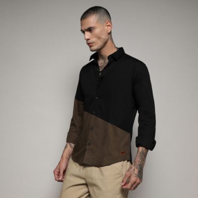 Men's Black & Olive Green Contrast Panel Shirt