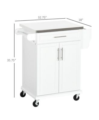 White Kitchen Cart: Stainless Top, Drawer, Towel/Spice Rack, Wheeled
