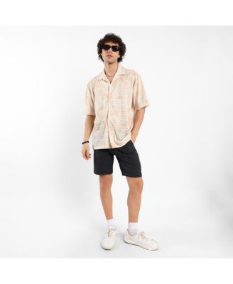 Men's Tan Brown & Ivory White Faded Woven Oversized Shirt