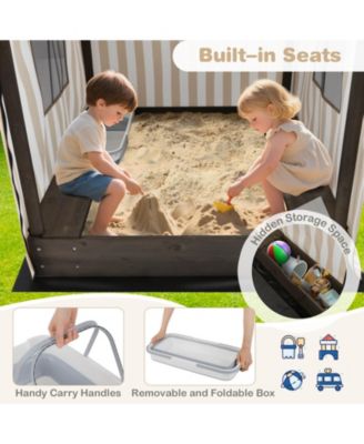 Kids Wooden Sandbox with Canopy Mesh Door Windows Bench Seats Foldable Storage Box