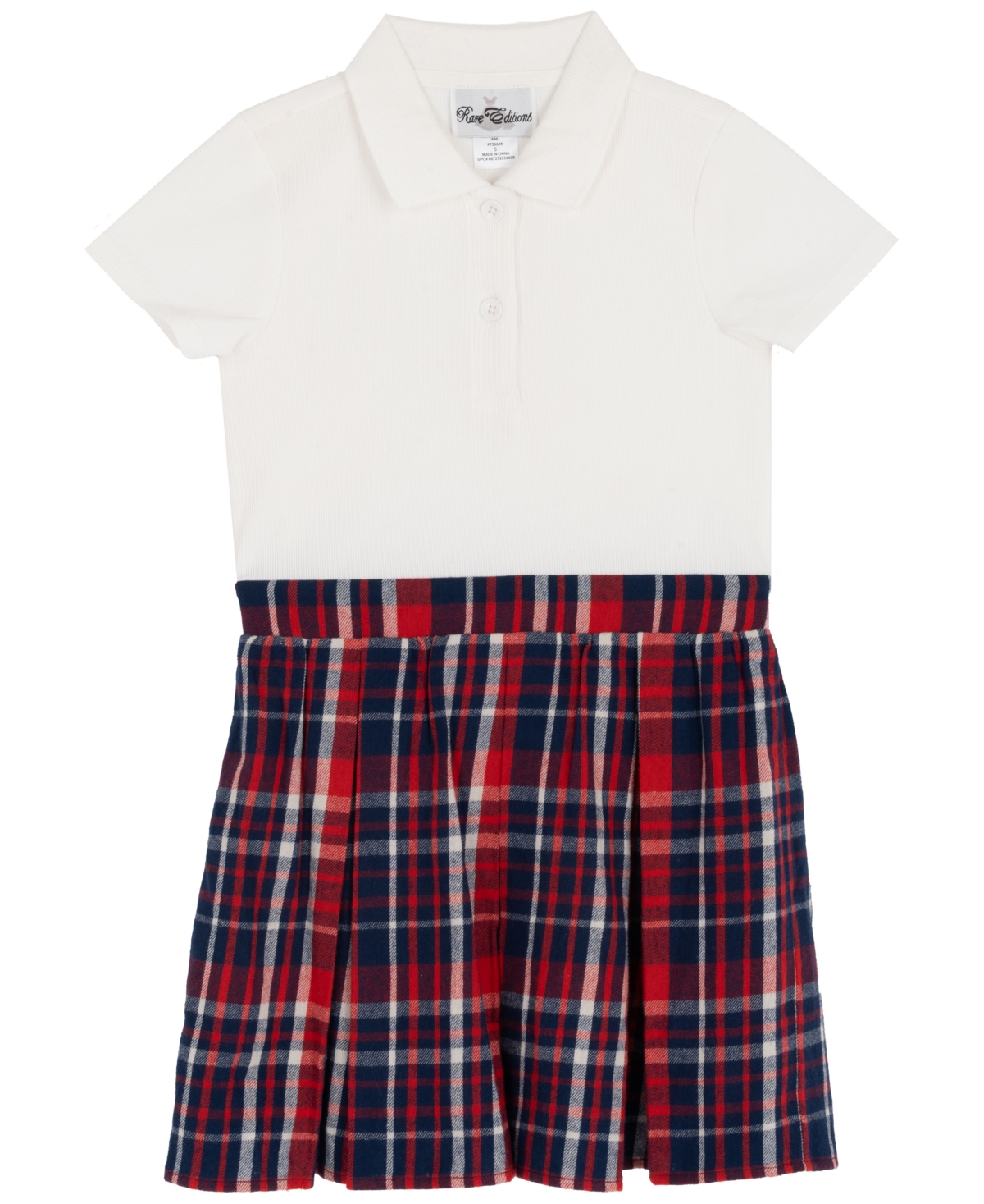 Rare Editions Little Girls Polo Collar & Plaid Skirt Dress With Patch-covered Sweatshirt, 2 Pc In Blue